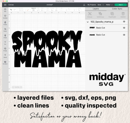 "Spooky Mama" SVG design displayed in Cricut Design Space with layered files, available in svg, dxf, eps, and png formats.