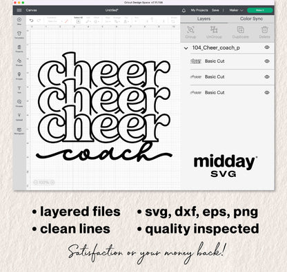 Cheer Coach SVG design shown in Cricut Design Space with bold, layered text, suitable for Cricut and Silhouette projects.