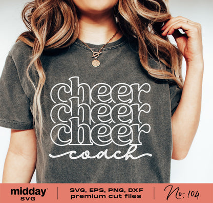 Cheer Coach shirt with "cheer cheer cheer coach" text, available in SVG, EPS, PNG, DXF formats for Cricut and Silhouette.