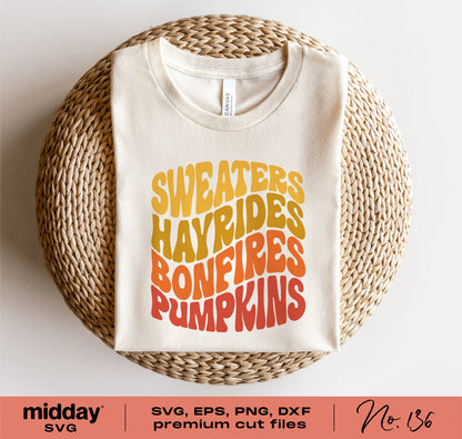 Retro boho fall shirt with text 'Sweaters, Hayrides, Bonfires, Pumpkins' in SVG, PNG, DXF, EPS format for Cricut and Silhouette.