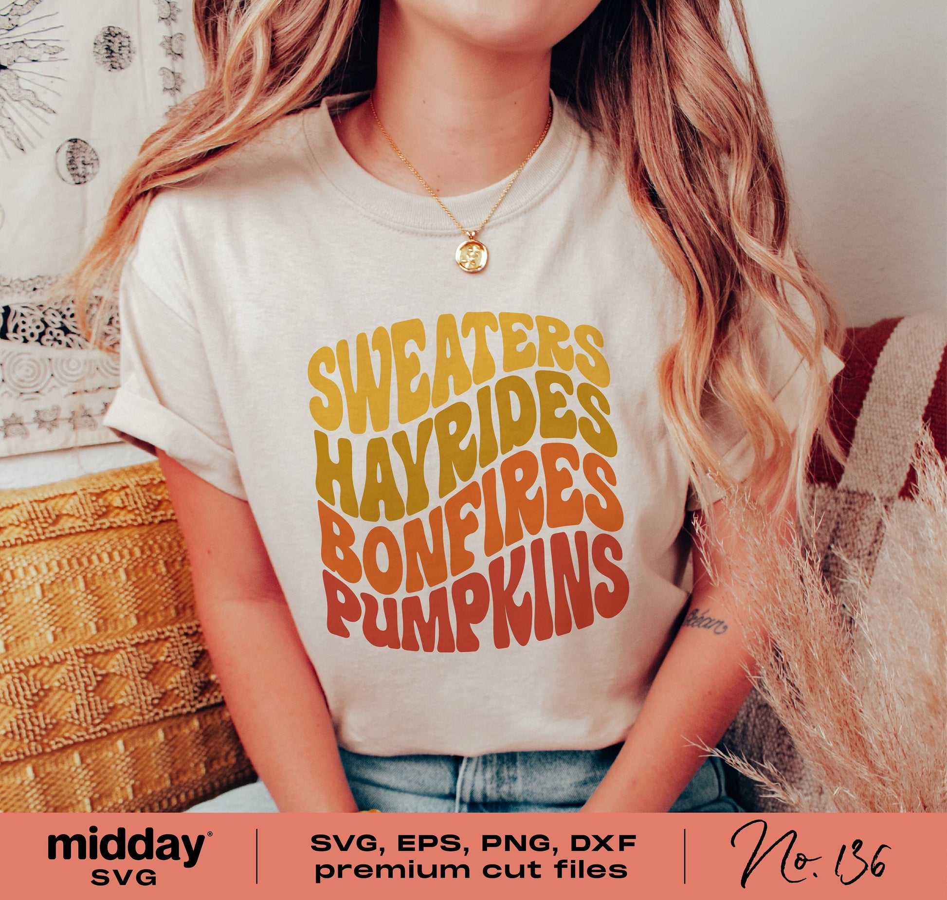Woman wearing a retro boho fall shirt with 'Sweaters Hayrides Bonfires Pumpkins' design for Cricut and Silhouette cutting, perfect for autumn.