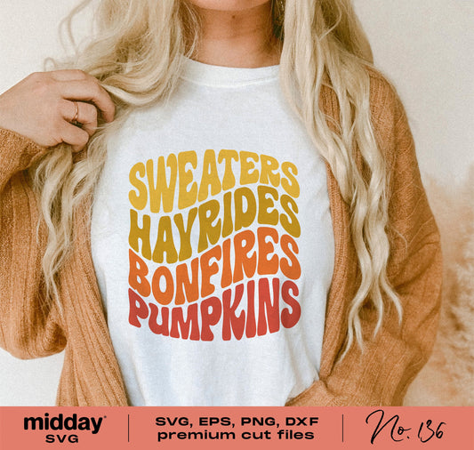 Woman wearing retro boho stacked fall shirt with 'Sweaters Hayrides Bonfires Pumpkins' design, available in SVG, PNG, DXF, EPS formats.