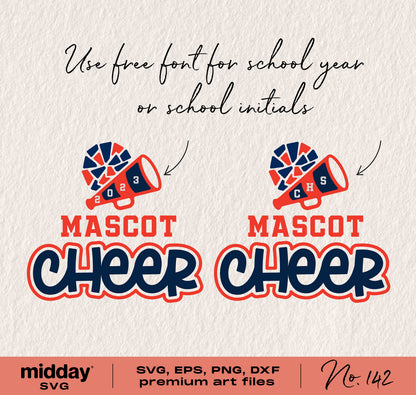 Cheer Team Template with custom school year and initials for Cricut cut file, featuring pom-pom and megaphone graphics.