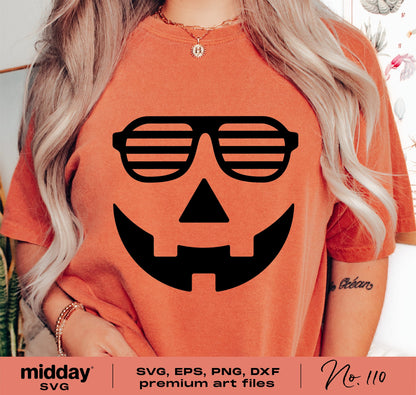 Orange shirt featuring a cool pumpkin face with sunglasses from Halloween SVG file collection, ideal for Cricut and Silhouette users.