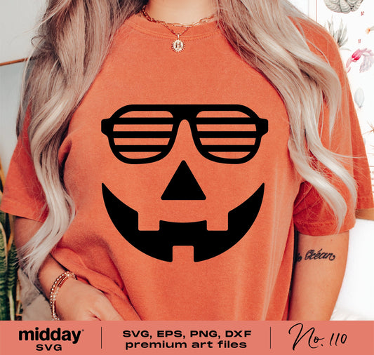 Orange shirt featuring a cool pumpkin face with sunglasses from Halloween SVG file collection, ideal for Cricut and Silhouette users.