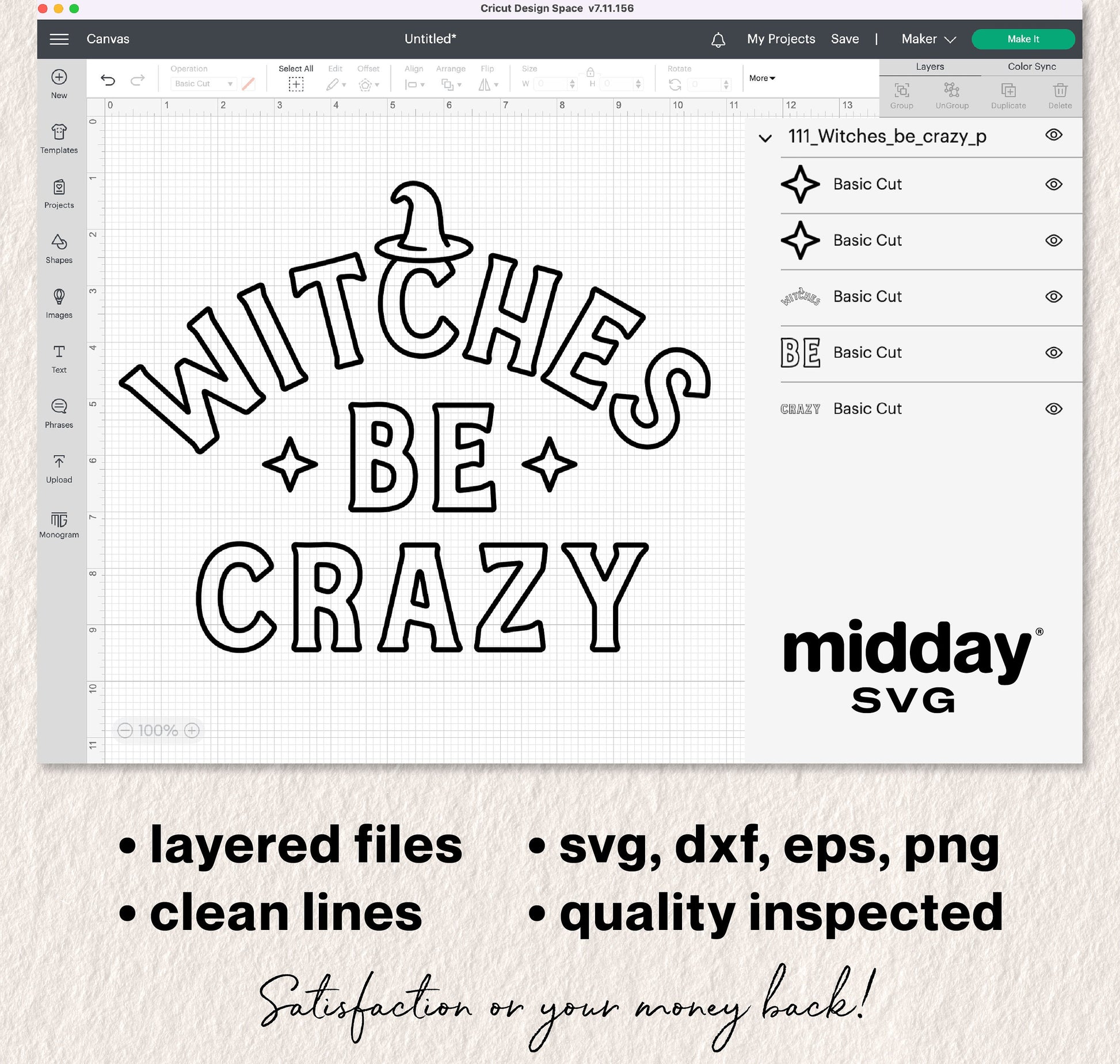 "Witches Be Crazy" SVG design file displayed on Cricut Design Space interface, includes witch hat graphic and file format options.