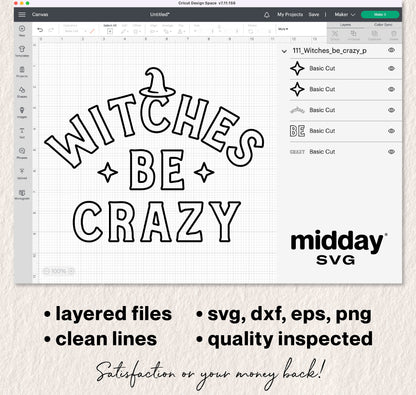 "Witches Be Crazy" SVG design file displayed on Cricut Design Space interface, includes witch hat graphic and file format options.