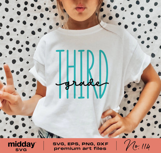 Girl wearing a "Third Grade" T-shirt. SVG, DXF, PNG, and EPS files available for Cricut, Silhouette, and teacher appreciation gifts.