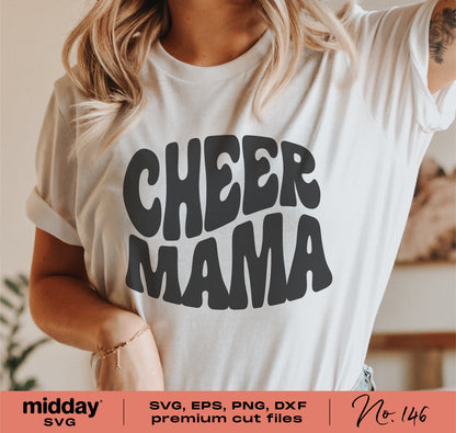 White t-shirt with retro stacked 'Cheer Mama' lettering, suitable for Cricut and Silhouette projects, featuring SVG, EPS, PNG, DXF formats.