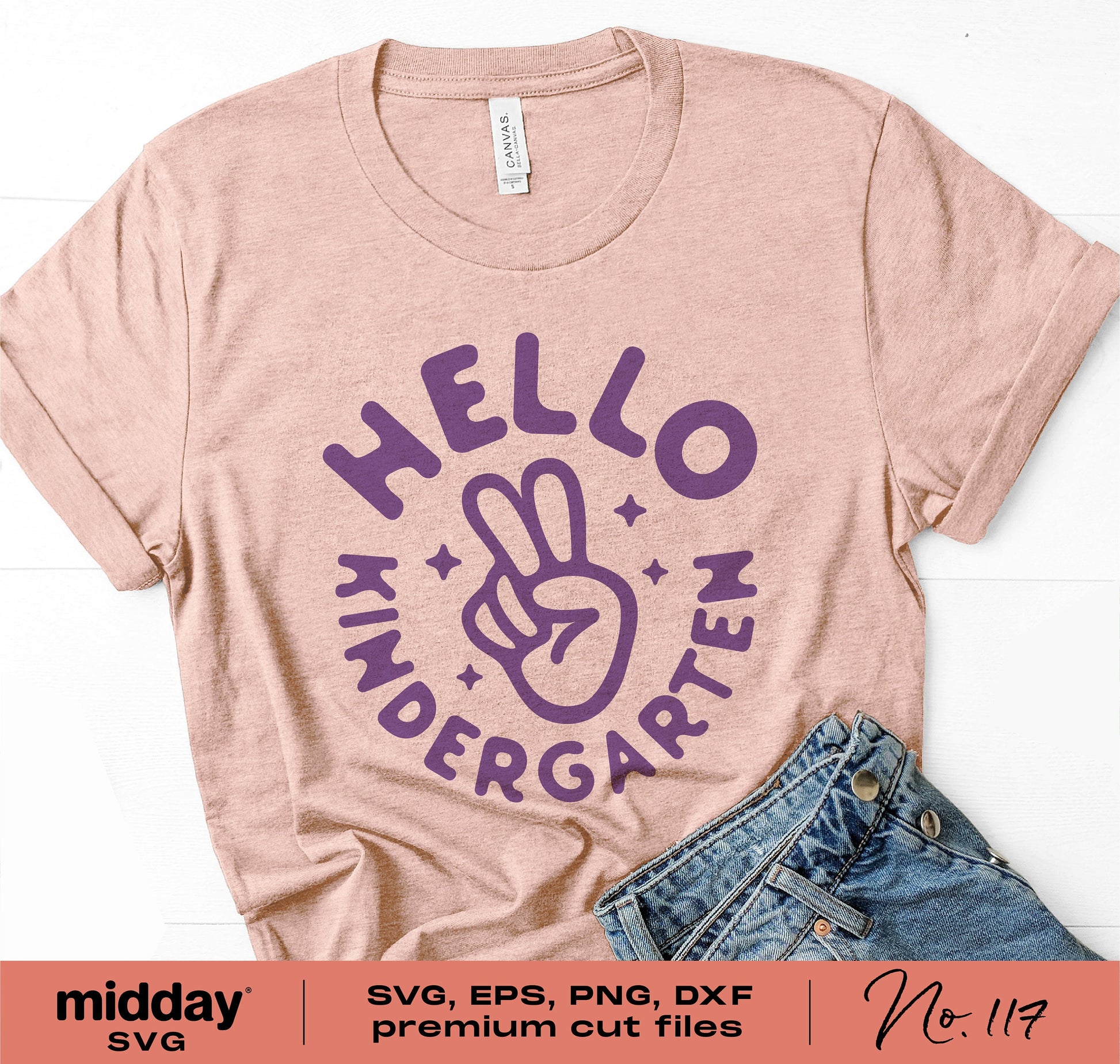 "Hello Kindergarten" SVG design on a t-shirt, featuring a peace sign, ideal for back-to-school projects using Cricut or Silhouette.