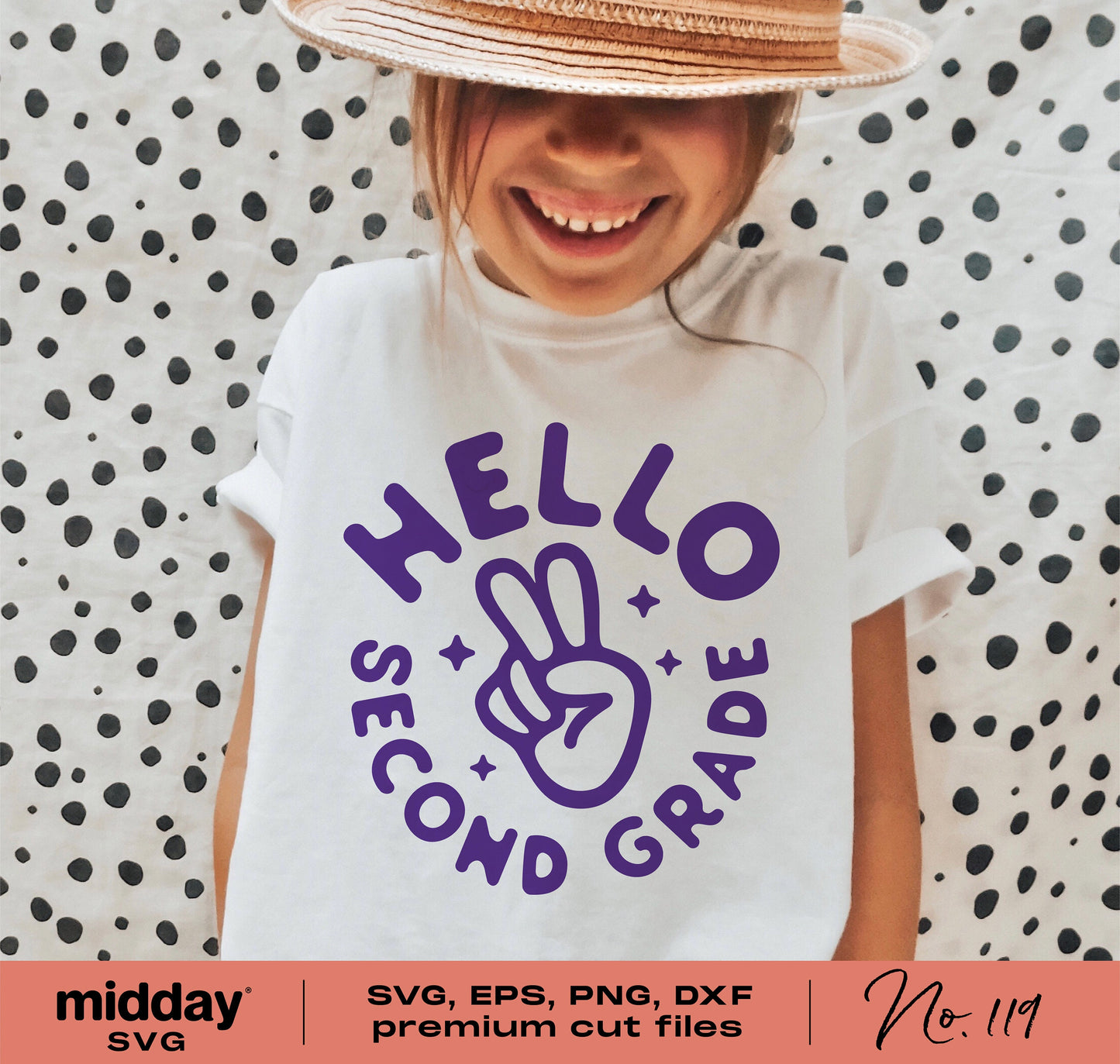 Child wearing a t-shirt with 'Hello Second Grade' design, suitable for Cricut cuts, in SVG, EPS, PNG, and DXF formats.