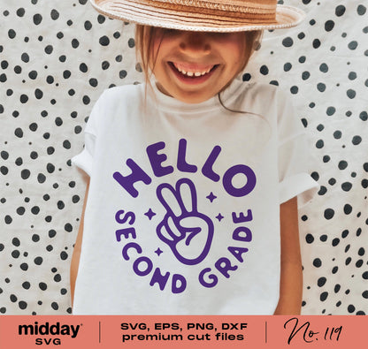 Child wearing a t-shirt with 'Hello Second Grade' design, suitable for Cricut cuts, in SVG, EPS, PNG, and DXF formats.