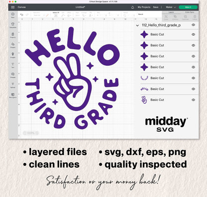 Hello Third Grade SVG design displayed in Cricut Design Space with layers for easy cutting, includes SVG, DXF, EPS, PNG formats.
