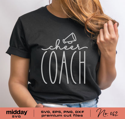 Black shirt featuring 'Cheer Coach' with a megaphone design, available as SVG, PNG, DXF, EPS for Cricut and Silhouette.