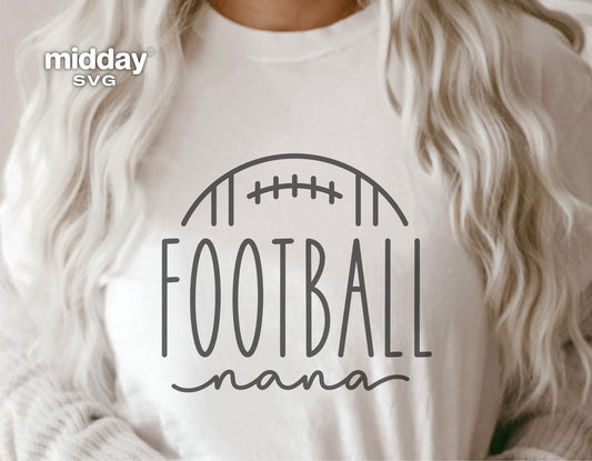 Football Nana shirt design displayed on a white tee, perfect for football-loving grandmothers and Cricut craft enthusiasts.