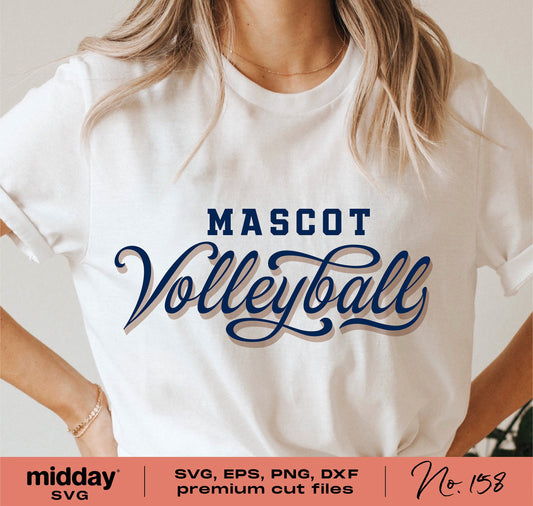 White t-shirt with 'Mascot Volleyball' design, available in SVG, EPS, PNG, DXF formats for Cricut and Silhouette.