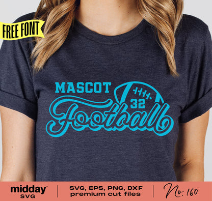 Football team shirt design featuring "Mascot Football 32" in blue text, includes SVG, EPS, PNG, DXF cut files and a free font offer.