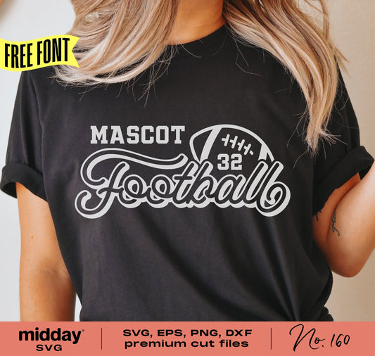 Black shirt with 'Mascot 32 Football' design, available in SVG, EPS, PNG, DXF formats, ideal for DIY projects and Cricut users.