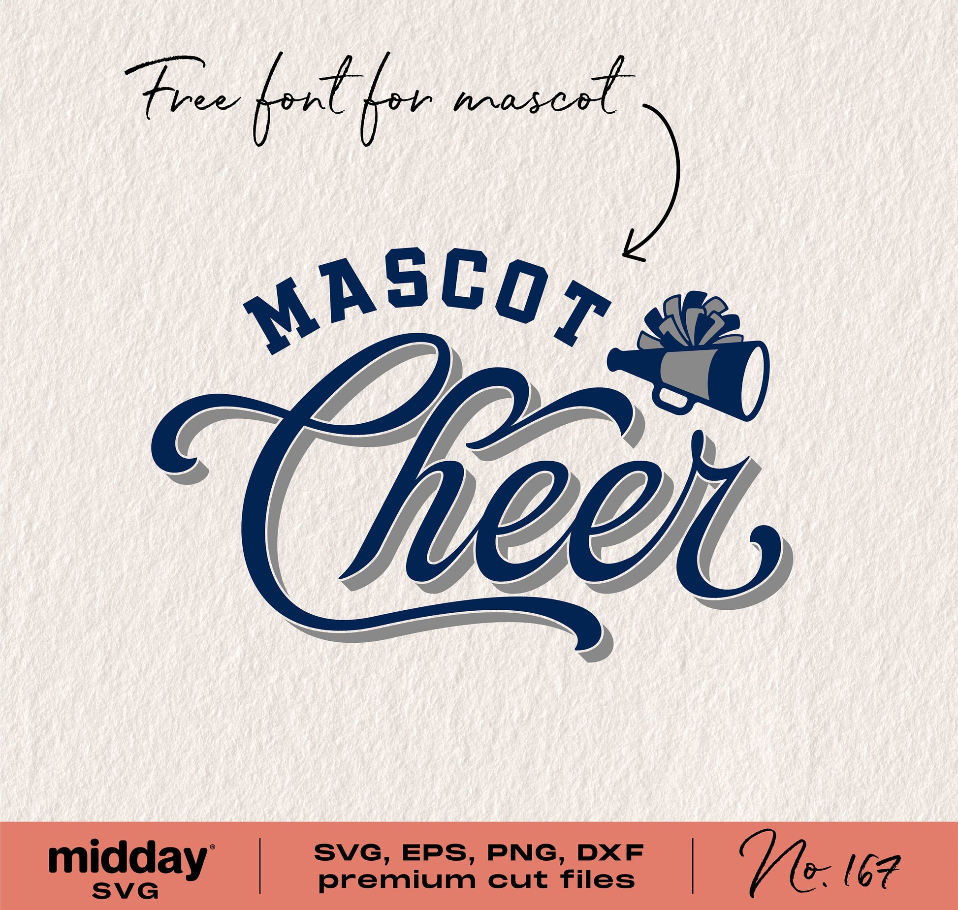 Cheer team template with free mascot font, SVG, PNG, DXF, EPS files for Cricut and Silhouette, featuring cheerleader design.