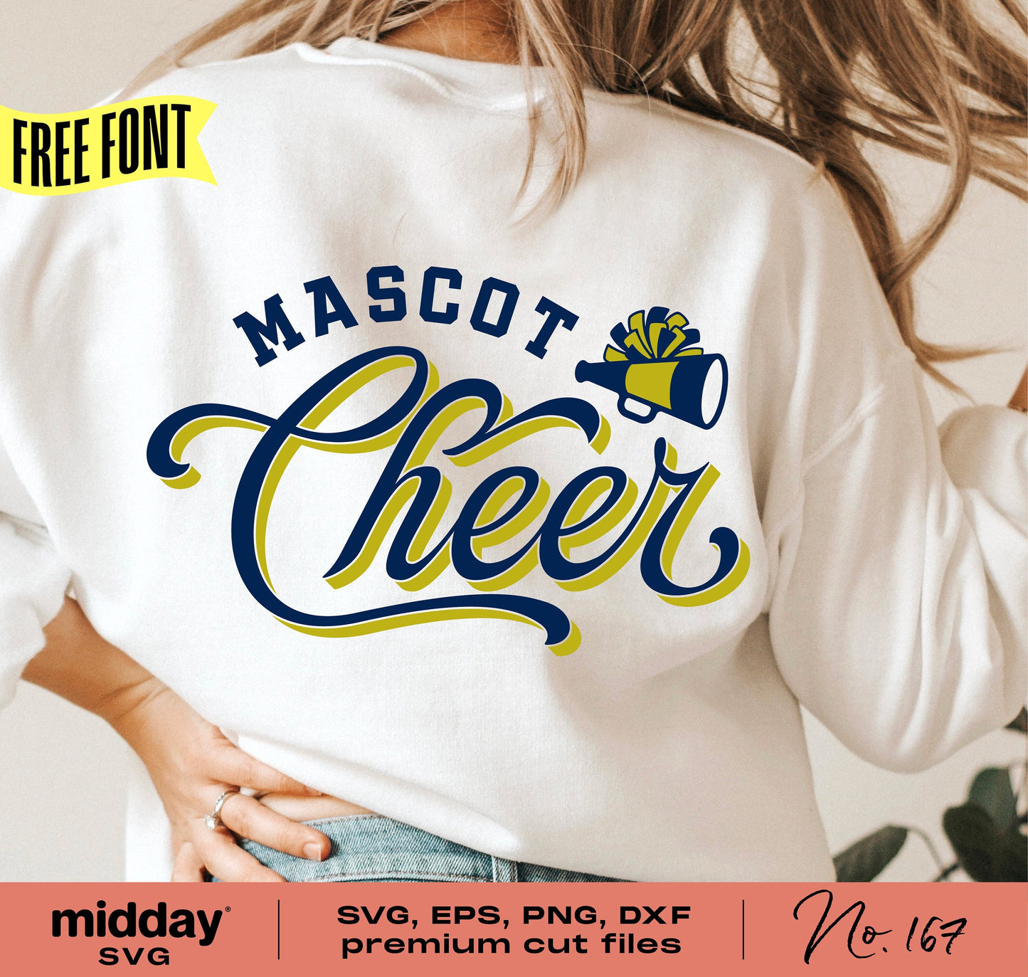 White shirt with 'Mascot Cheer' logo and cheerleading design in SVG, EPS, PNG, DXF formats. Ideal for Cricut and Silhouette projects.