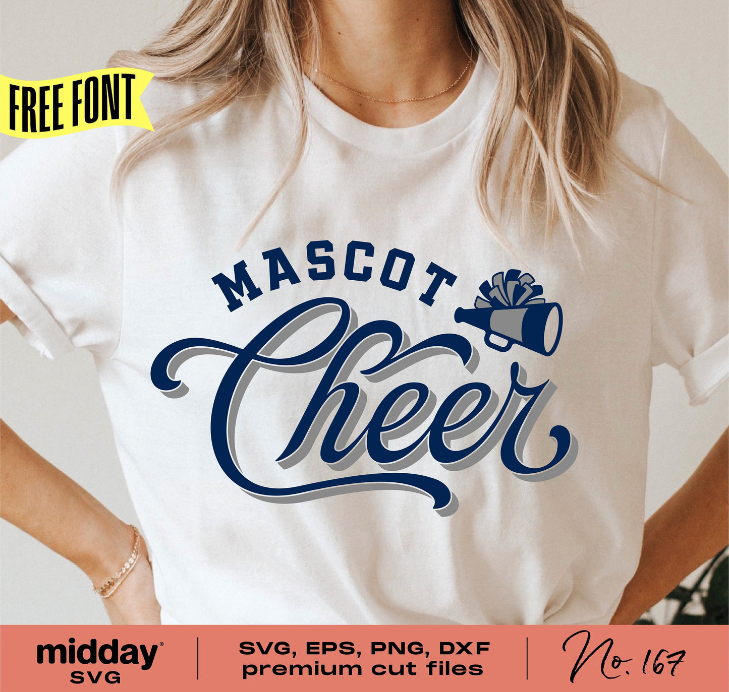 Mascot Cheer shirt design showing SVG, EPS, PNG, DXF file options for Cricut and Silhouette cutting machines, featuring a cheer megaphone.