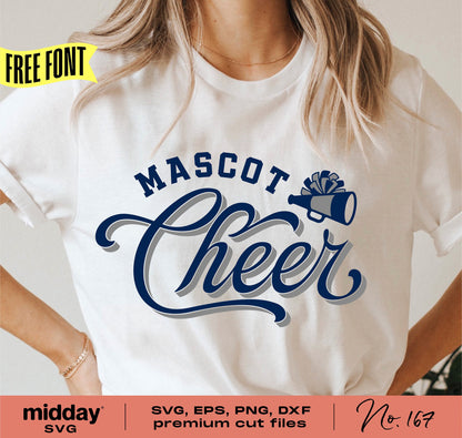Mascot Cheer shirt design showing SVG, EPS, PNG, DXF file options for Cricut and Silhouette cutting machines, featuring a cheer megaphone.