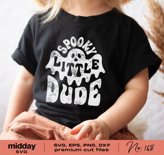 Child wearing 'Spooky Little Dude' Halloween shirt with ghost design