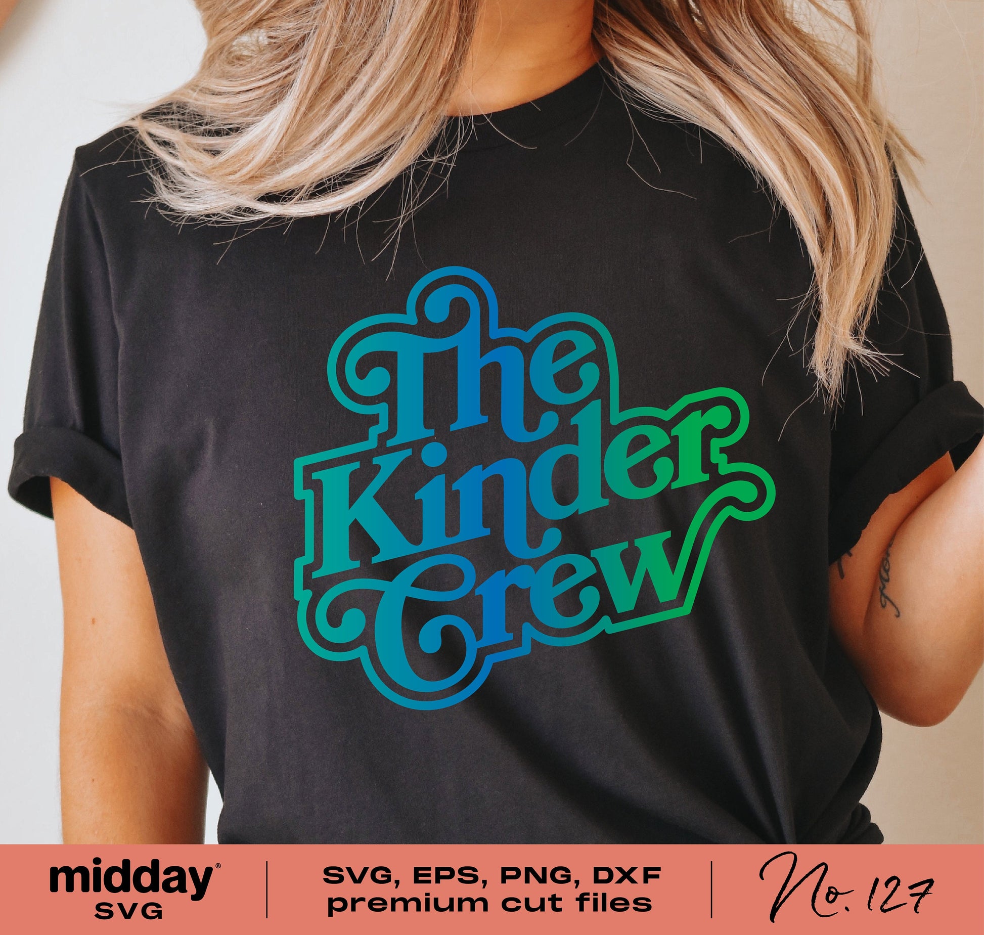 Black t-shirt with 'The Kinder Crew' design in blue and green, featuring SVG, PNG, DXF, EPS Cricut cut files for Kindergarten teachers.