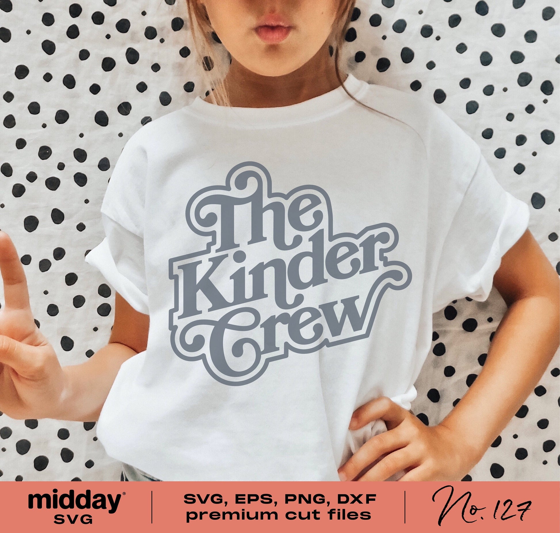 Child wearing 'The Kinder Crew' shirt, ideal for kindergarten teachers, features SVG, EPS, PNG, DXF formats for Cricut and Silhouette.