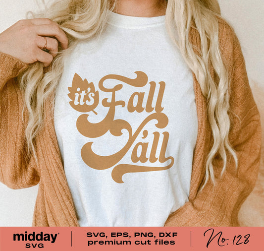 Woman wearing a 'It's Fall Y'all' shirt, showcasing a fall-themed SVG design ideal for Cricut and Silhouette projects.