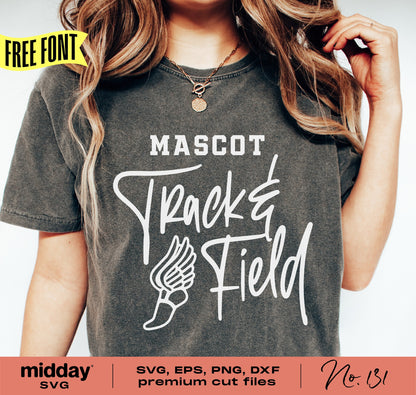 Woman wearing gray shirt with 'Mascot Track & Field' design and winged foot graphic, promoting premium SVG, EPS, PNG, DXF cut files