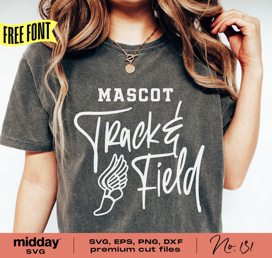 Woman wearing gray shirt with 'Mascot Track & Field' design and winged foot graphic, promoting premium SVG, EPS, PNG, DXF cut files
