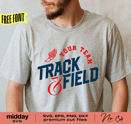 Gray t-shirt with 'Your Team Track & Field' design, featuring a wing graphic, available in SVG, EPS, PNG, DXF formats for Cricut and Silhouette.