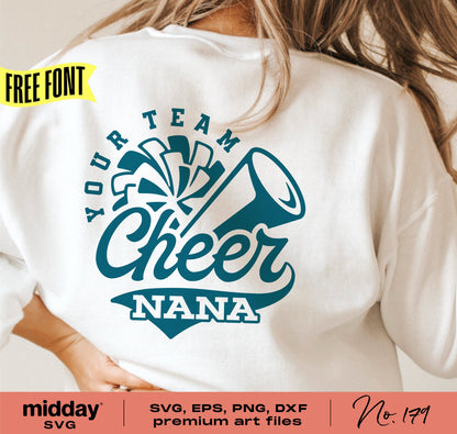 Cheer Nana shirt design with megaphone and pom-pom, available in SVG, PNG, DXF formats for Cricut and Silhouette use