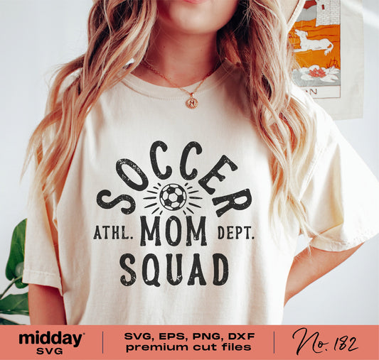Woman in "Soccer Mom Squad" t-shirt, SVG PNG DXF EPS files for Cricut Silhouette, boho soccer design, sublimation, game day theme.