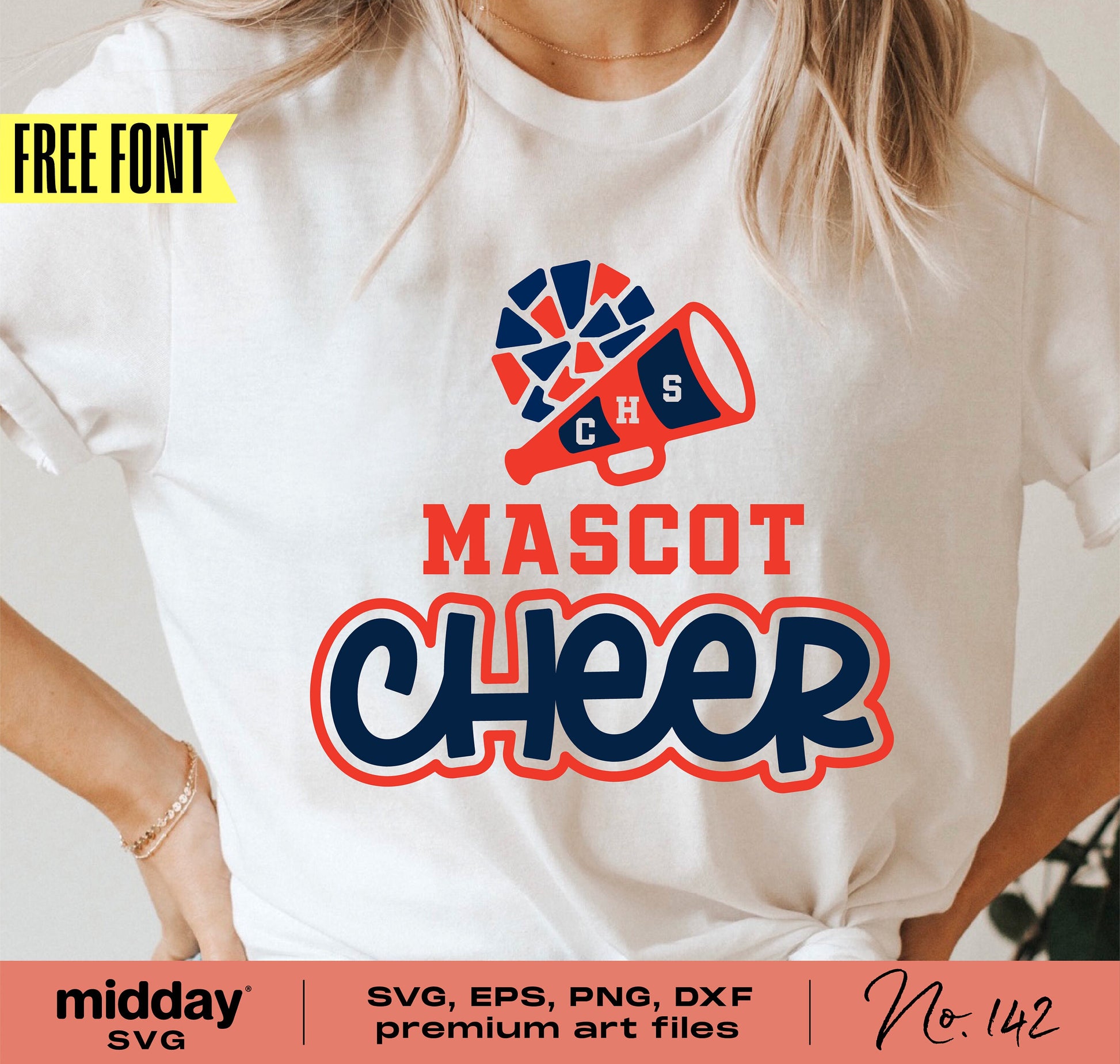 Cheerleading shirt mockup with cheerleader logo, pom pom, megaphone, and SVG files. Perfect for Cricut and Silhouette projects.