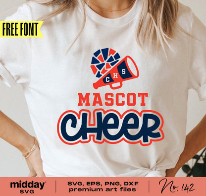 Cheerleading shirt mockup with cheerleader logo, pom pom, megaphone, and SVG files. Perfect for Cricut and Silhouette projects.