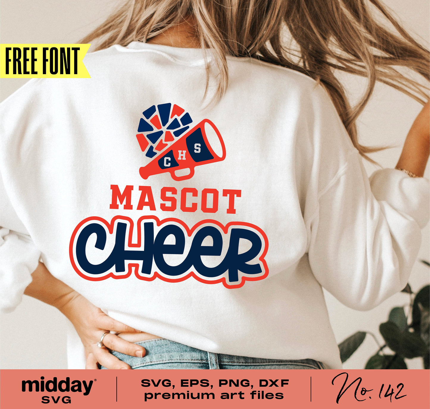 Cheerleading sweatshirt design with pom pom and megaphone logo, featuring 'Mascot Cheer'. Includes SVG, EPS, PNG, DXF files.