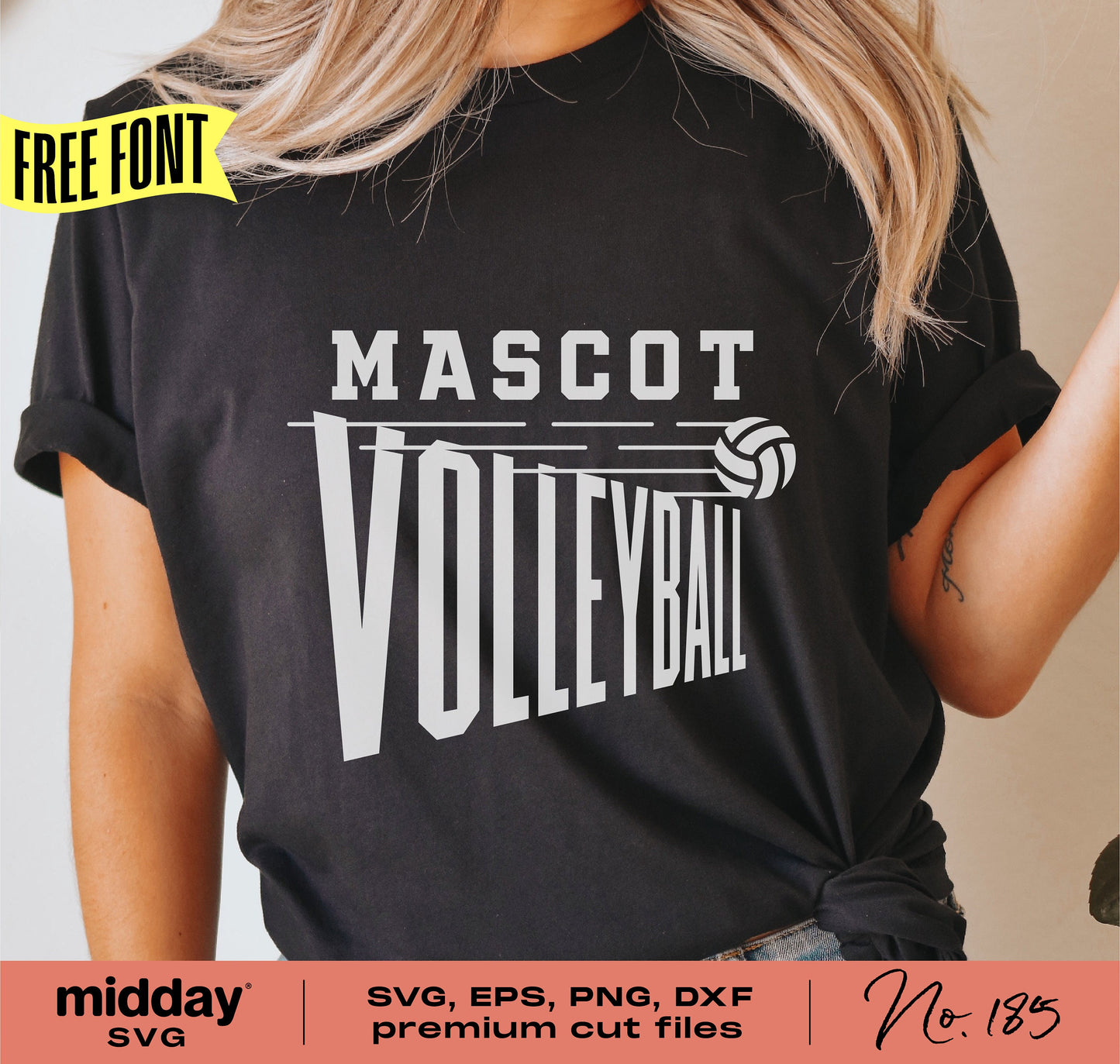 Black volleyball team shirt with "Mascot Volleyball" design in white, free font offer, SVG and cut file formats from Midday SVG.
