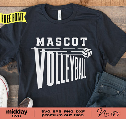 Volleyball SVG team shirt with mascot logo and ball design, includes free font and premium cut files in SVG, EPS, PNG, DXF formats.