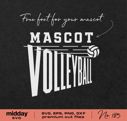 Volleyball team shirt design featuring a volleyball and mascot text, with downloadable SVG, EPS, PNG, DXF cut files for Cricut and Silhouette.