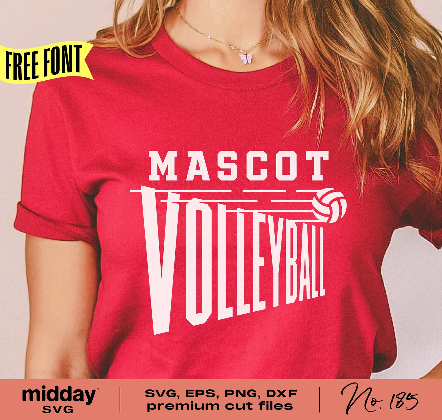 Red shirt with "Mascot Volleyball" logo, suitable for Cricut and Silhouette cutting machines, includes SVG, EPS, PNG, and DXF files.