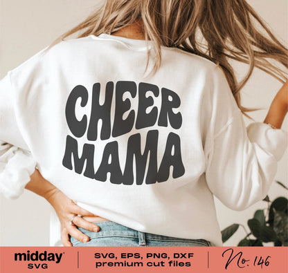 Woman wearing a white shirt with 'Cheer Mama' in retro lettering, designed for SVG, PNG, DXF, and EPS formats, perfect for Cricut projects.