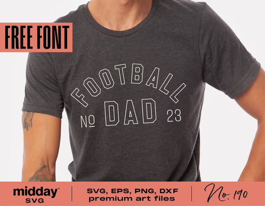 Football Dad design on dark shirt featuring SVG, EPS, PNG, DXF files for Cricut and Silhouette, digital download for crafts.