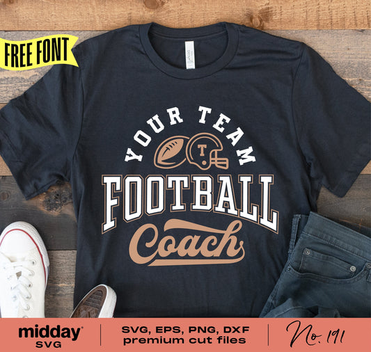 Football Coach shirt with customizable team name design, featuring SVG, EPS, PNG, DXF formats for Cricut and Silhouette projects.