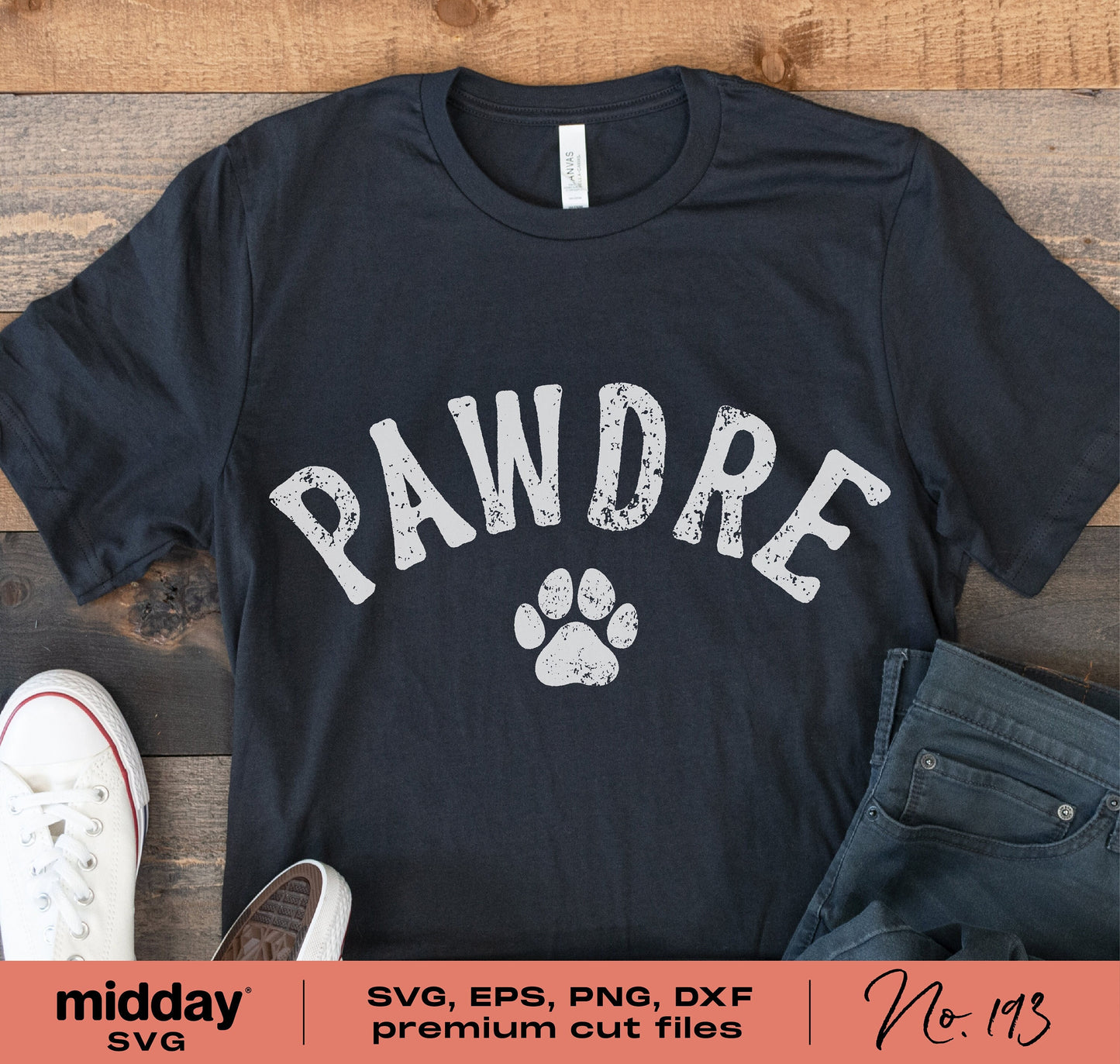 Black 'Pawdre' t-shirt for dog lovers, ideal for Cricut and Silhouette crafting projects, surrounded by sneakers and jeans.