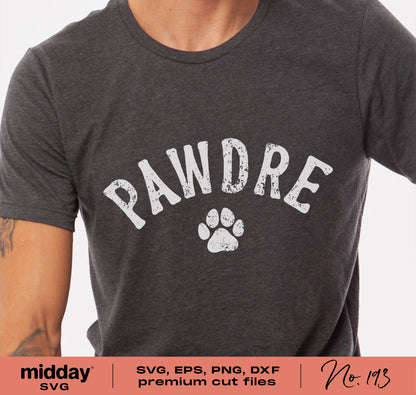 Men's shirt with 'Pawdre' text and paw print, perfect for dog dads and dog lovers. Available as SVG, PNG, DXF, EPS for Cricut and Silhouette.