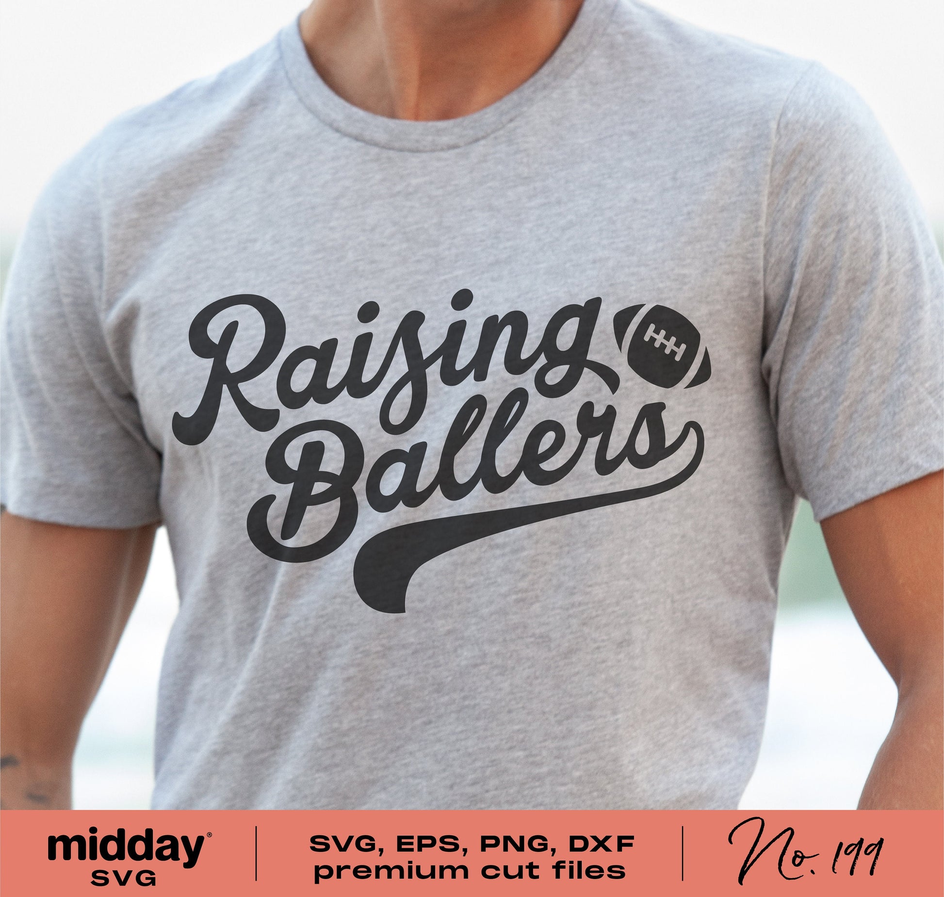 Gray t-shirt with 'Raising Ballers' design in black font featuring a football, ideal for football parents and sports enthusiasts.