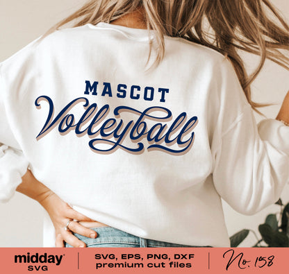 Woman wearing a shirt with 'Mascot Volleyball' design, featuring SVG, EPS, PNG, DXF premium cut files, perfect for crafting.