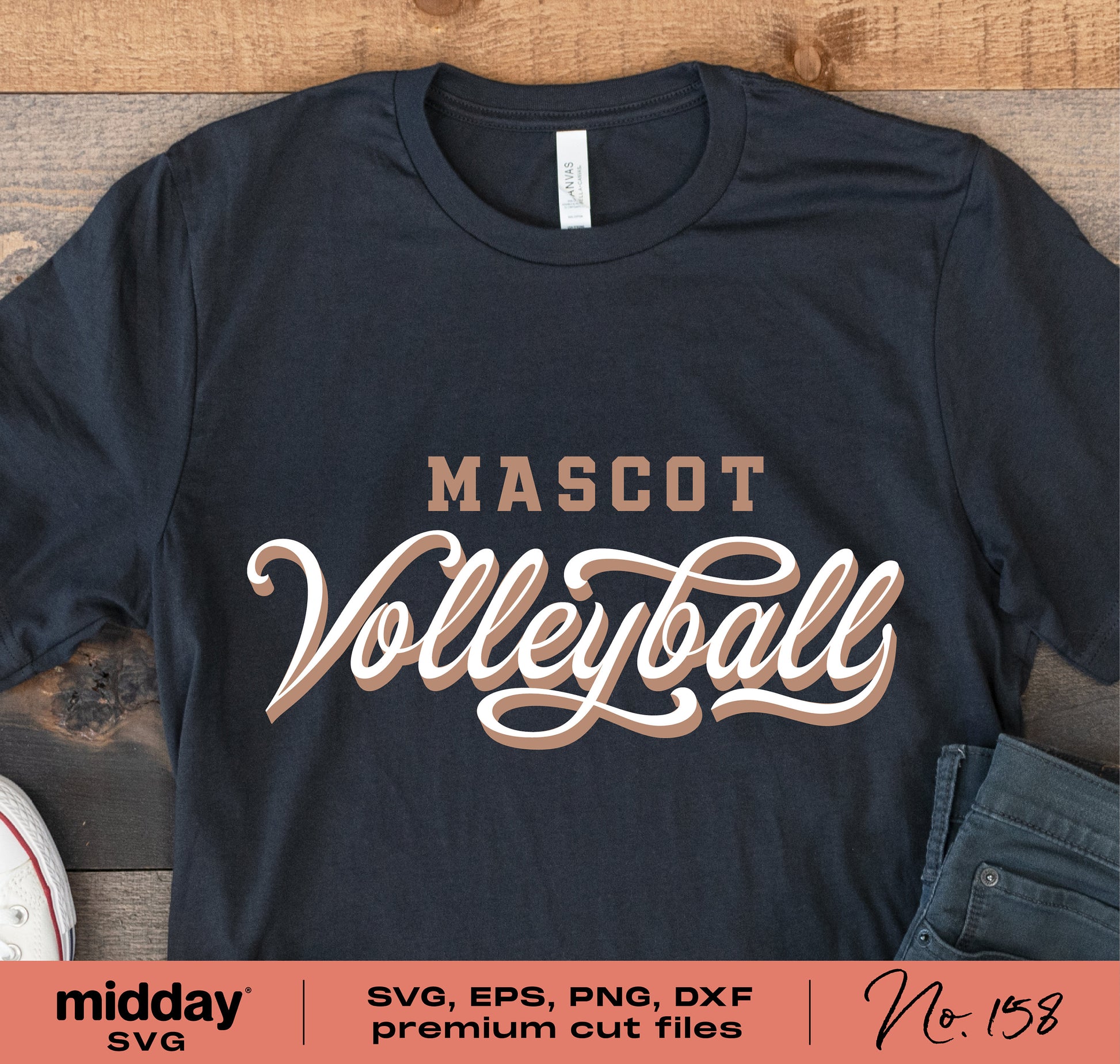 Black T-shirt displaying 'Mascot Volleyball' text design, suitable for Cricut and Silhouette projects, available in SVG, EPS, PNG, DXF formats.